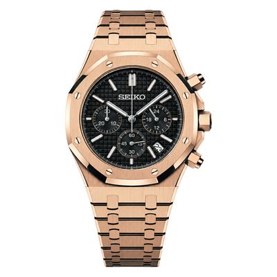Royal Oak (Chrono Rose Gold) Seiko VK63 meca-quartz chronograph mod watch. A black dial watch with a octagonal bezel and a steel bracelet, shown in a full product shot.