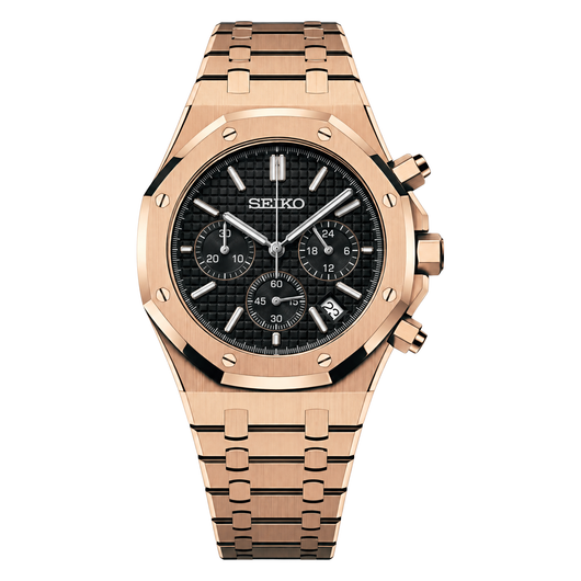 Royal Oak (Chrono Rose Gold) Seiko VK63 meca-quartz chronograph mod watch. A black dial watch with a octagonal bezel and a steel bracelet, shown in a full product shot.