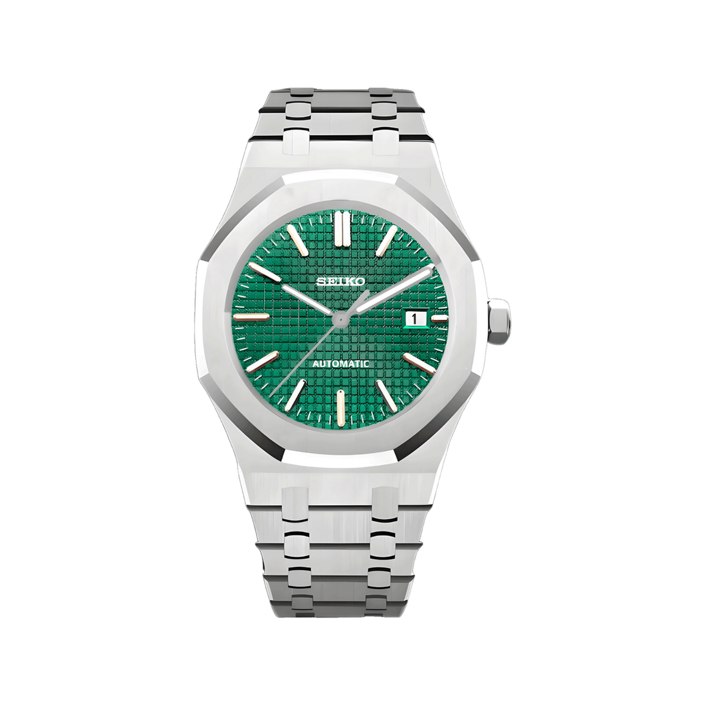 Royal Oak (Green) Seiko NH35 automatic mod watch. A green dial watch with a octagonal bezel and a steel bracelet, shown in a full product shot.