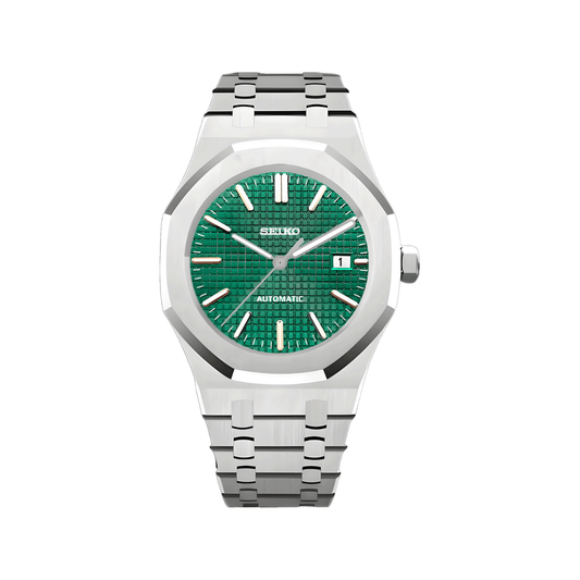 Royal Oak (Green) Seiko NH35 automatic mod watch. A green dial watch with a octagonal bezel and a steel bracelet, shown in a full product shot.