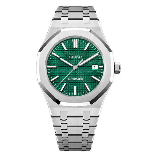 Royal Oak (Green) Seiko NH35 automatic mod watch. A green dial watch with a octagonal bezel and a steel bracelet, shown in a full product shot.