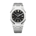 Royal Oak (Black) Seiko NH35 automatic mod watch. A black dial watch with a silver bezel and metal link bracelet shown in a full product shot.