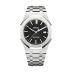 Royal Oak (Black) Seiko NH35 automatic mod watch. A black dial watch with a silver bezel and metal link bracelet shown in a full product shot.