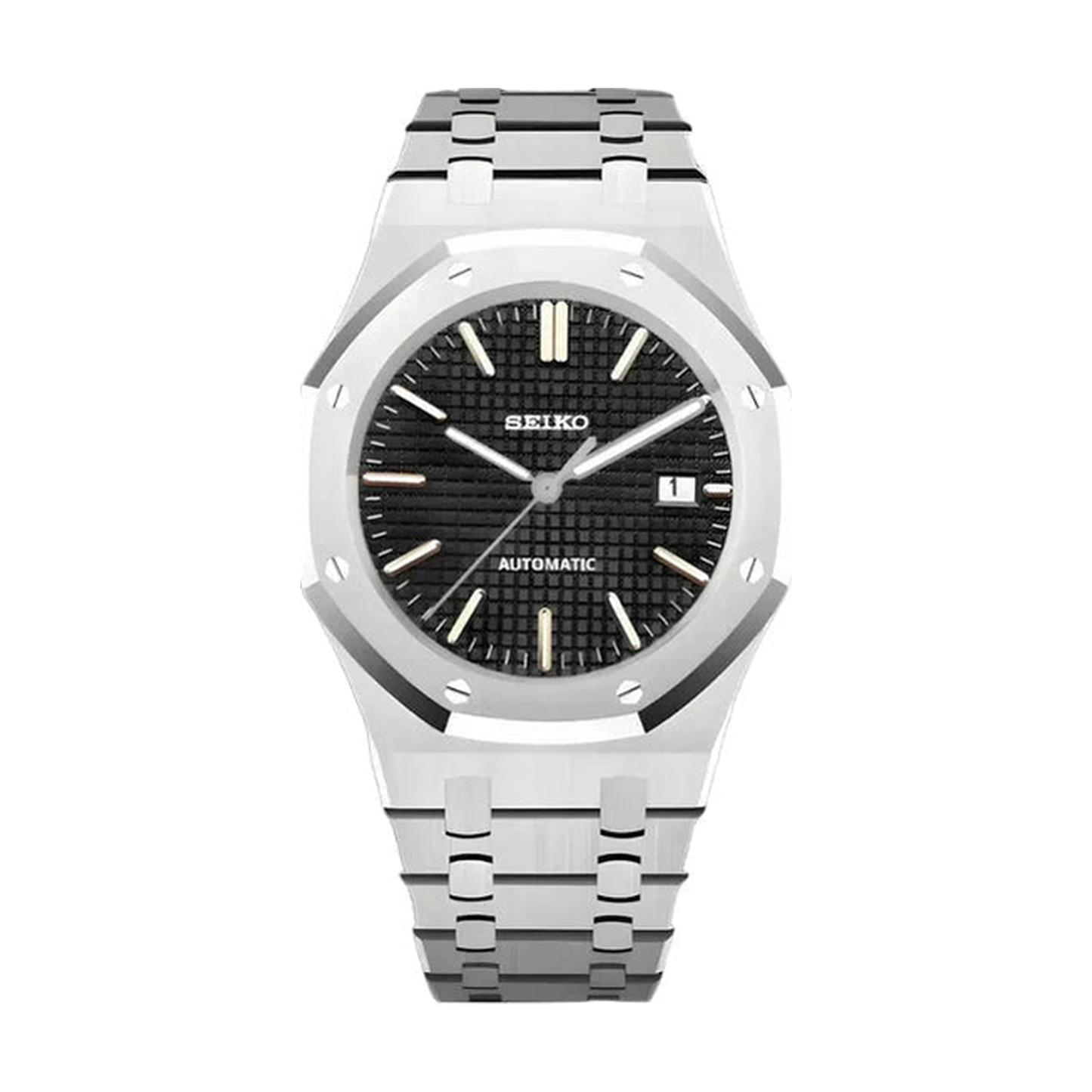 Royal Oak (Black) Seiko NH35 automatic mod watch. A black dial watch with a silver bezel and metal link bracelet shown in a full product shot.