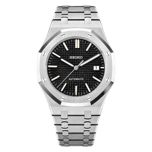 Royal Oak (Black) Seiko NH35 automatic mod watch. A black dial watch with a silver bezel and metal link bracelet shown in a full product shot.