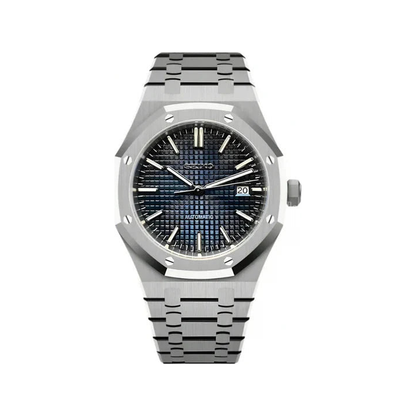 Royal Oak (Blue) Seiko NH35 automatic mod watch. A blue textured dial watch with a silver bezel and metal link bracelet shown in a full product shot.