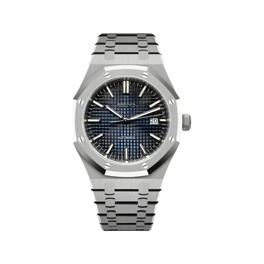 Royal Oak (Blue) Seiko NH35 automatic mod watch. A blue textured dial watch with a silver bezel and metal link bracelet shown in a full product shot.