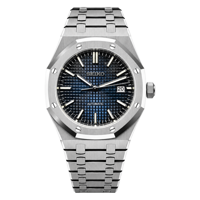 Royal Oak (Blue) Seiko NH35 automatic mod watch. A blue textured dial watch with a silver bezel and metal link bracelet shown in a full product shot.