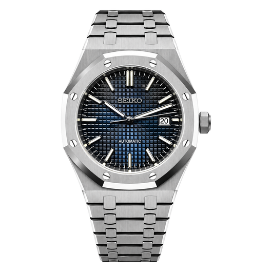 Royal Oak (Blue) Seiko NH35 automatic mod watch. A blue textured dial watch with a silver bezel and metal link bracelet shown in a full product shot.