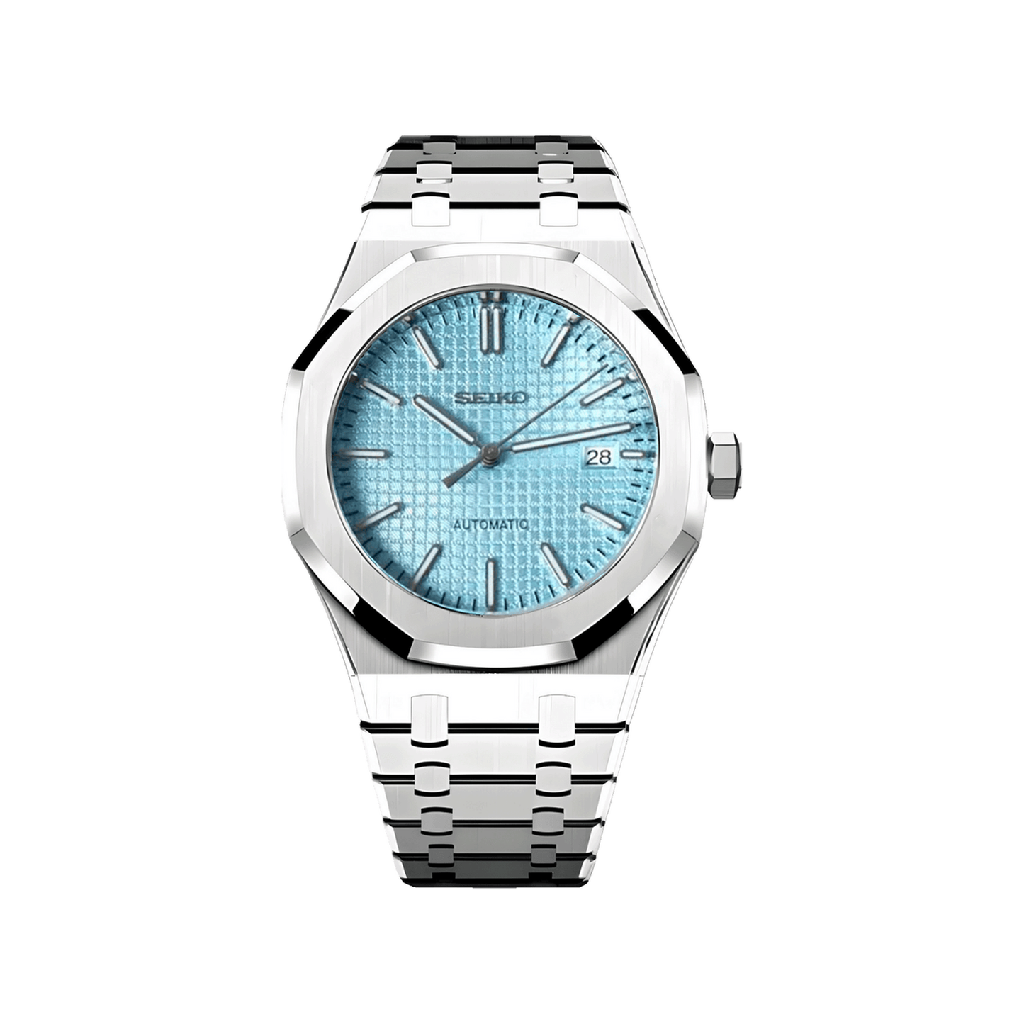 Royal Oak Light Blue custom mod watch, ice blue tapisserie dial, steel case and bracelet