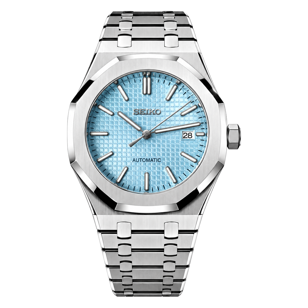 Royal Oak Light Blue custom mod watch, ice blue tapisserie dial, steel case and bracelet