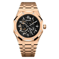 Royal Oak (Rose Gold Skeleton) Seiko NH38 open-heart automatic mod watch. A black dial watch with a octagonal bezel and a steel bracelet, shown in a full product shot.
