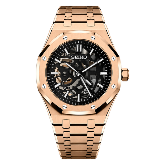Royal Oak (Rose Gold Skeleton) Seiko NH38 open-heart automatic mod watch. A black dial watch with a octagonal bezel and a steel bracelet, shown in a full product shot.