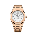 Royal Oak (Rose Gold White) Seiko NH35 automatic mod watch. A white dial watch with a octagonal bezel and a steel bracelet, shown in a full product shot.