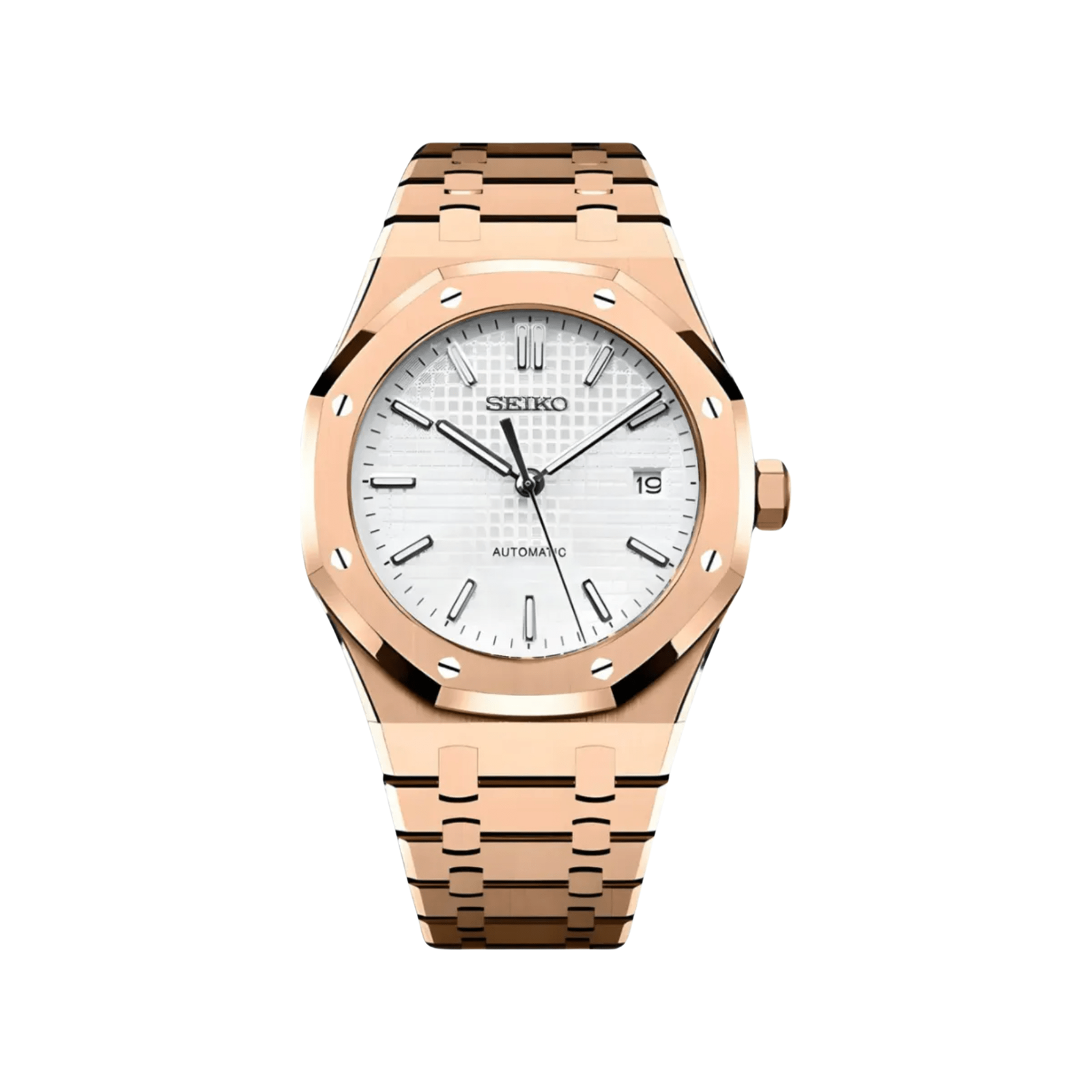 Royal Oak (Rose Gold White) Seiko NH35 automatic mod watch. A white dial watch with a octagonal bezel and a steel bracelet, shown in a full product shot.