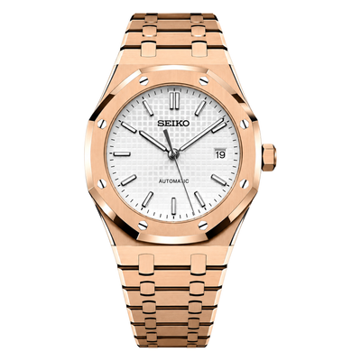 Royal Oak (Rose Gold White) Seiko NH35 automatic mod watch. A white dial watch with a octagonal bezel and a steel bracelet, shown in a full product shot.