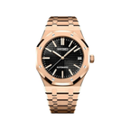 Royal Oak (Rose Gold) Seiko NH35 automatic mod watch. A black dial watch with a rose gold case and bracelet shown in a full product shot.