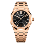 Royal Oak (Rose Gold) Seiko NH35 automatic mod watch. A black dial watch with a rose gold case and bracelet shown in a full product shot.