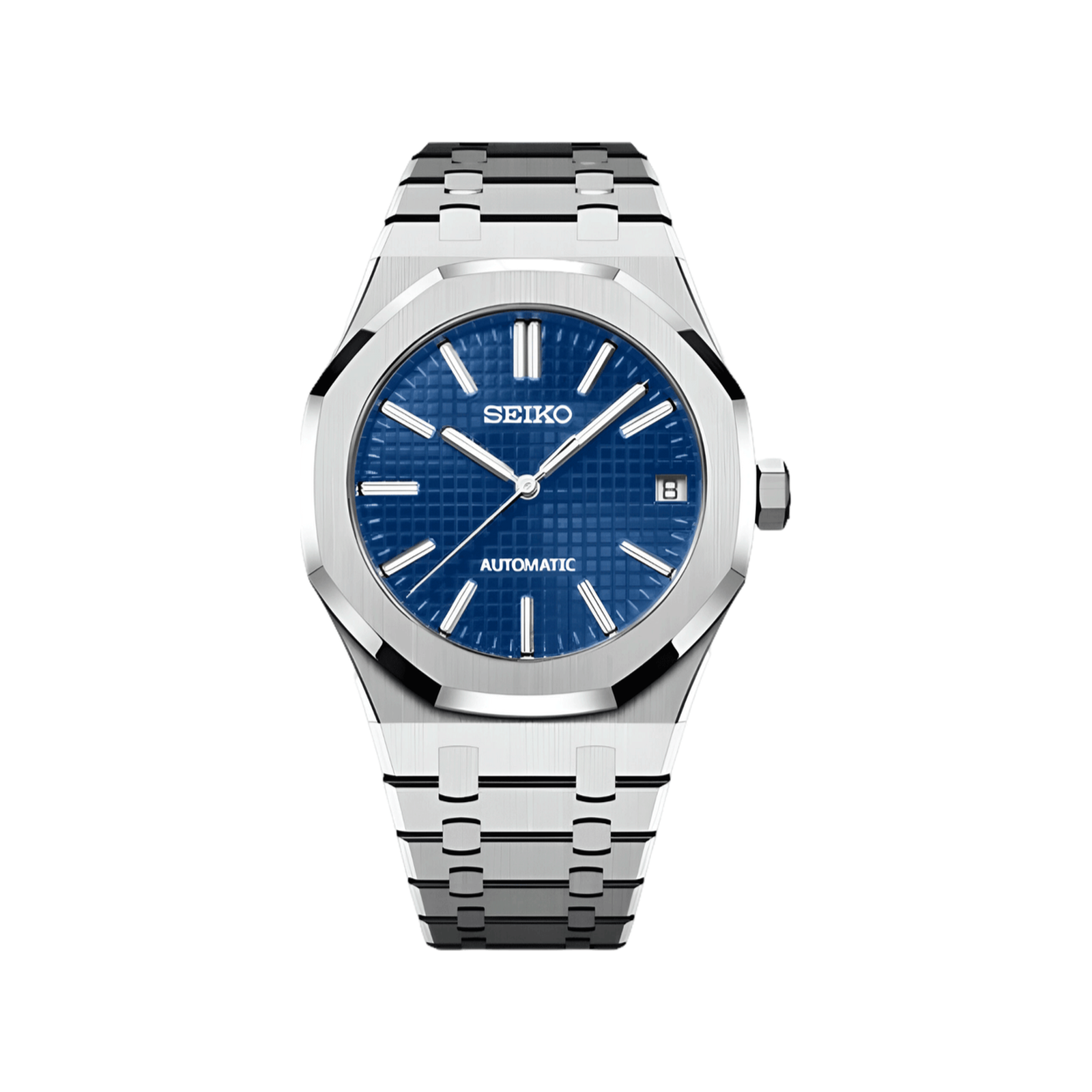 Royal Oak (Royal Blue) Seiko NH35 automatic mod watch. A blue dial watch with a octagonal bezel and a steel bracelet, shown in a full product shot.