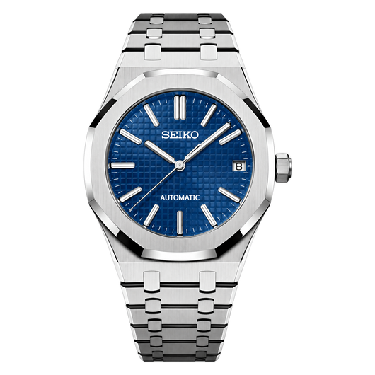 Royal Oak (Royal Blue) Seiko NH35 automatic mod watch. A blue dial watch with a octagonal bezel and a steel bracelet, shown in a full product shot.