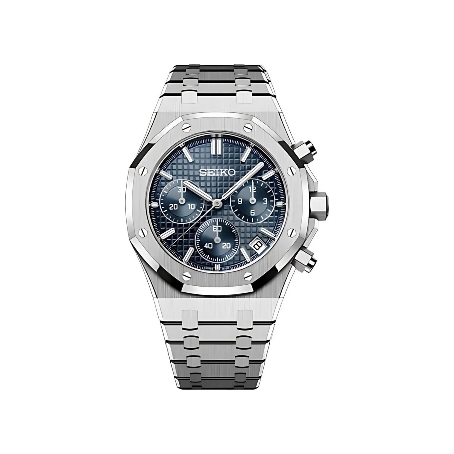 Royal Oak (Royal Chrono Blue) Seiko VK63 meca-quartz chronograph mod watch. A blue dial watch with a octagonal bezel and a steel bracelet, shown in a full product shot.