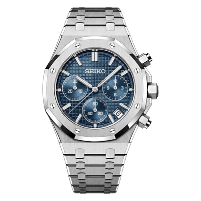 Royal Oak (Royal Chrono Blue) Seiko VK63 meca-quartz chronograph mod watch. A blue dial watch with a octagonal bezel and a steel bracelet, shown in a full product shot.