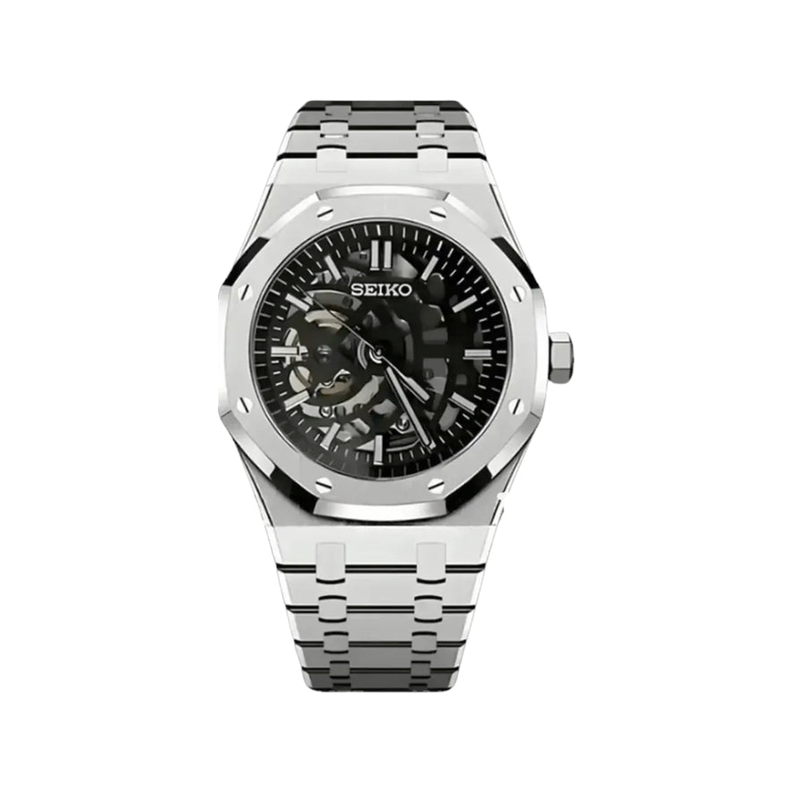 Royal Oak (Skeleton) Seiko NH70 skeleton automatic mod watch. A silver skeleton dial watch with a silver bezel and a silver metal link bracelet shown in a full product shot.