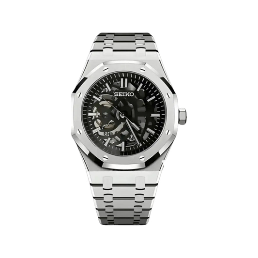 Royal Oak (Skeleton) Seiko NH70 skeleton automatic mod watch. A silver skeleton dial watch with a silver bezel and a silver metal link bracelet shown in a full product shot.