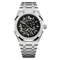 Royal Oak (Skeleton) Seiko NH70 skeleton automatic mod watch. A silver skeleton dial watch with a silver bezel and a silver metal link bracelet shown in a full product shot.