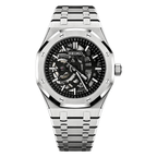 Royal Oak (Skeleton) Seiko NH70 skeleton automatic mod watch. A silver skeleton dial watch with a silver bezel and a silver metal link bracelet shown in a full product shot.