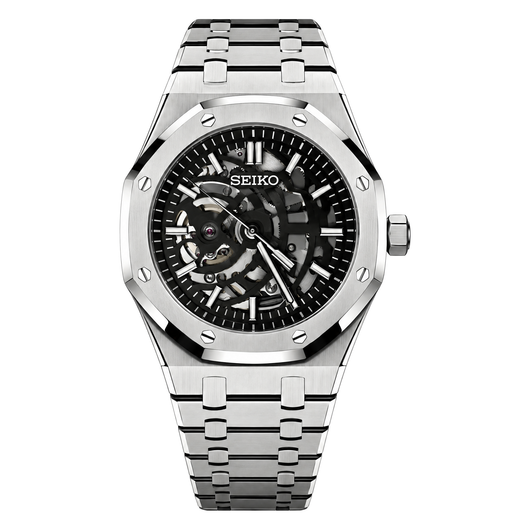 Royal Oak (Skeleton) Seiko NH70 skeleton automatic mod watch. A silver skeleton dial watch with a silver bezel and a silver metal link bracelet shown in a full product shot.