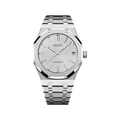 Royal Oak (White) Seiko NH35 automatic mod watch. A silver dial watch with a silver bezel and integrated metal bracelet shown in a full product shot.