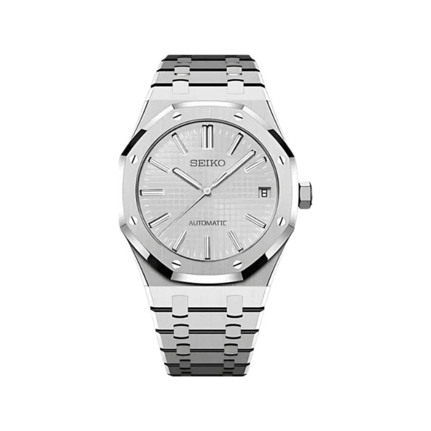 Royal Oak (White) Seiko NH35 automatic mod watch. A silver dial watch with a silver bezel and integrated metal bracelet shown in a full product shot.