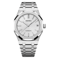Royal Oak (White) Seiko NH35 automatic mod watch. A silver dial watch with a silver bezel and integrated metal bracelet shown in a full product shot.