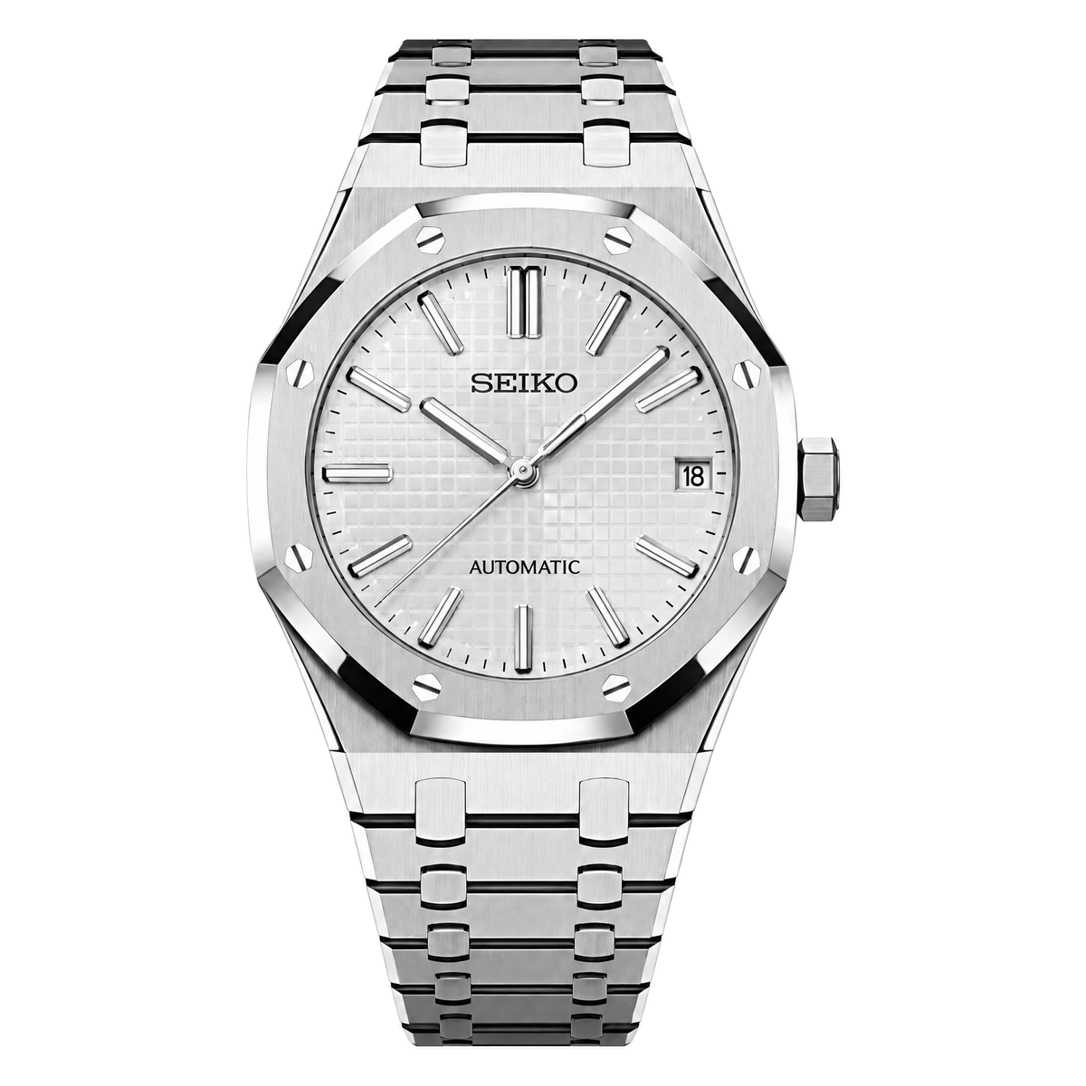 Royal Oak (White) Seiko NH35 automatic mod watch. A silver dial watch with a silver bezel and integrated metal bracelet shown in a full product shot.