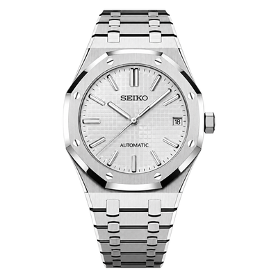 Royal Oak (White) Seiko NH35 automatic mod watch. A silver dial watch with a silver bezel and integrated metal bracelet shown in a full product shot.