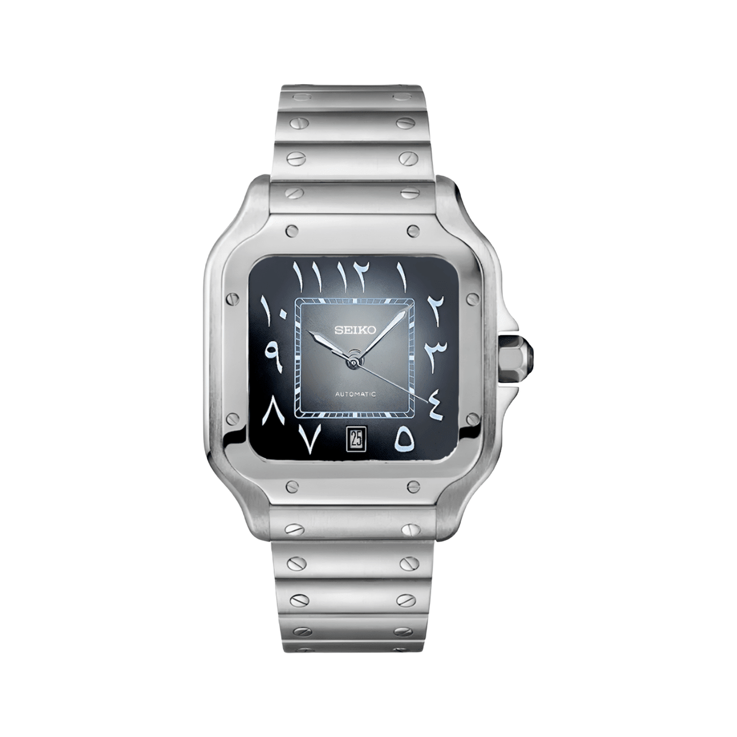 Santos (Arabic Gray) Seiko NH35 automatic mod watch. A black dial watch with a smooth bezel and a steel bracelet, shown in a full product shot.