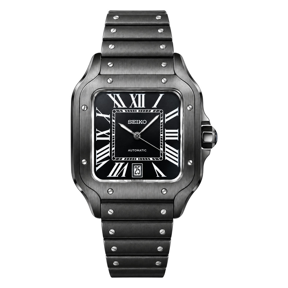 Santos (Black) Japanese automatic mod watch. A full watch shot showing a black dial with white Roman numerals, a black coated square case and a black rubber strap.