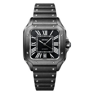 Santos (Black) Japanese automatic mod watch. A full watch shot showing a black dial with white Roman numerals, a black coated square case and a black rubber strap.