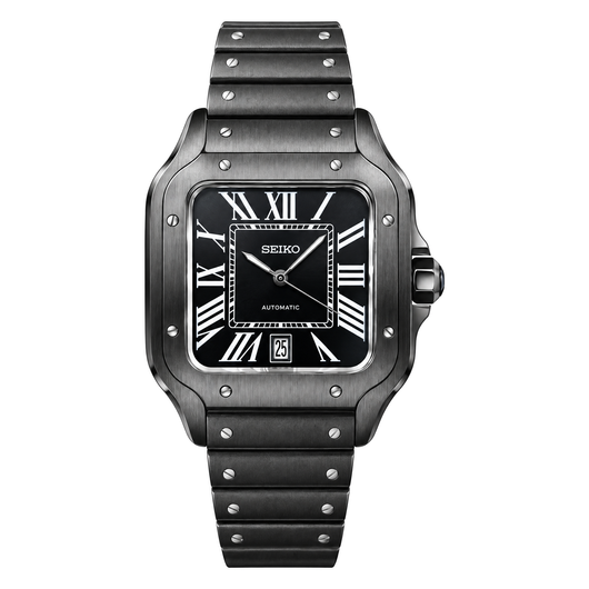 Santos (Black) Japanese automatic mod watch. A full watch shot showing a black dial with white Roman numerals, a black coated square case and a black rubber strap.