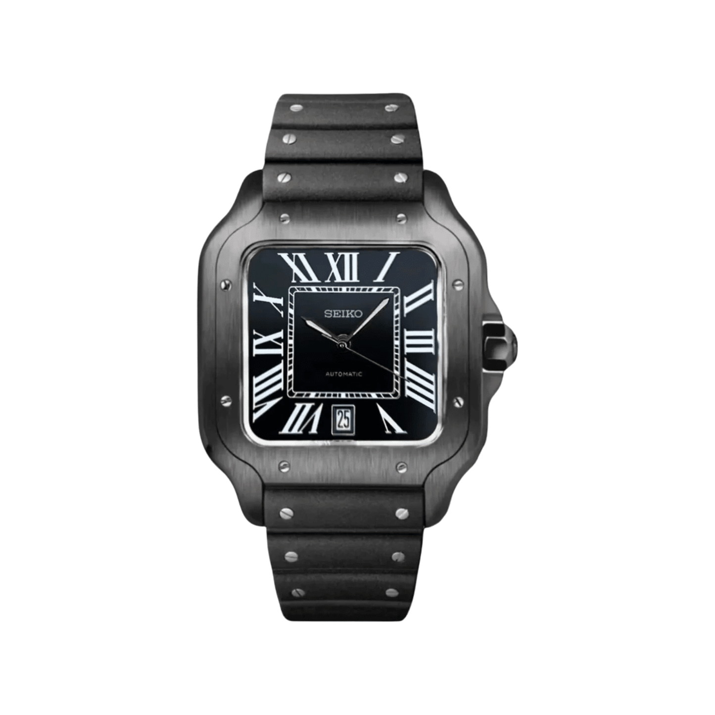 Santos (Black) Japanese automatic mod watch. A full watch shot showing a black dial with white Roman numerals, a black coated square case and a black rubber strap.