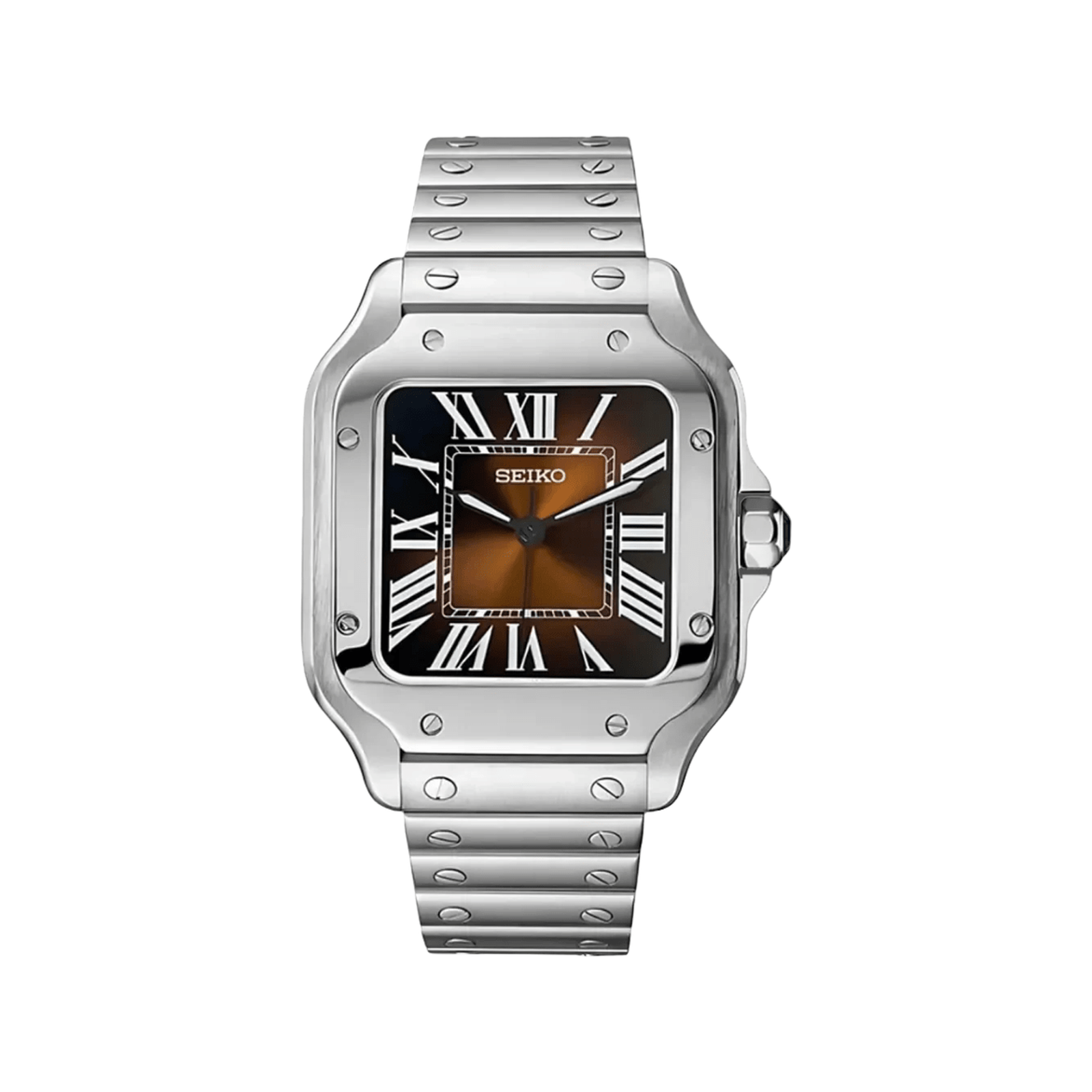 Santos (Bronze) Seiko NH35 automatic mod watch. A chocolate dial watch with a smooth bezel and a steel bracelet, shown in a full product shot.