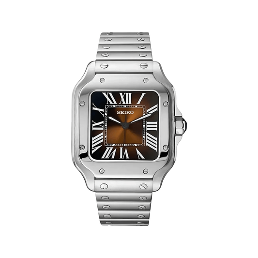 Santos (Bronze) Seiko NH35 automatic mod watch. A chocolate dial watch with a smooth bezel and a steel bracelet, shown in a full product shot.