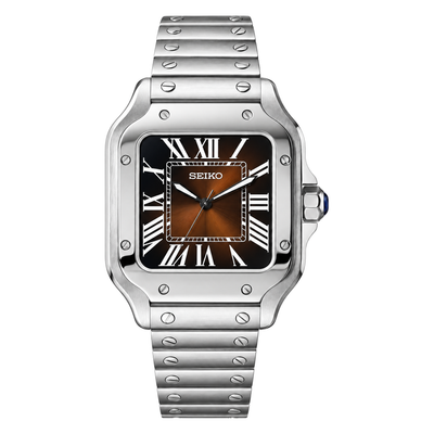 Santos (Bronze) Seiko NH35 automatic mod watch. A chocolate dial watch with a smooth bezel and a steel bracelet, shown in a full product shot.
