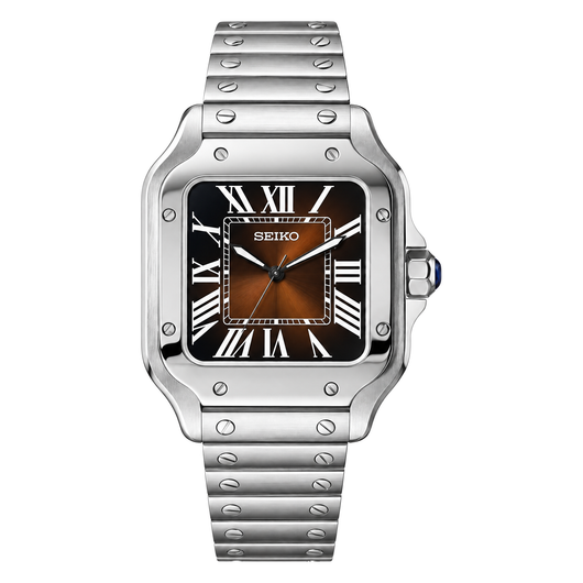Santos (Bronze) Seiko NH35 automatic mod watch. A chocolate dial watch with a smooth bezel and a steel bracelet, shown in a full product shot.