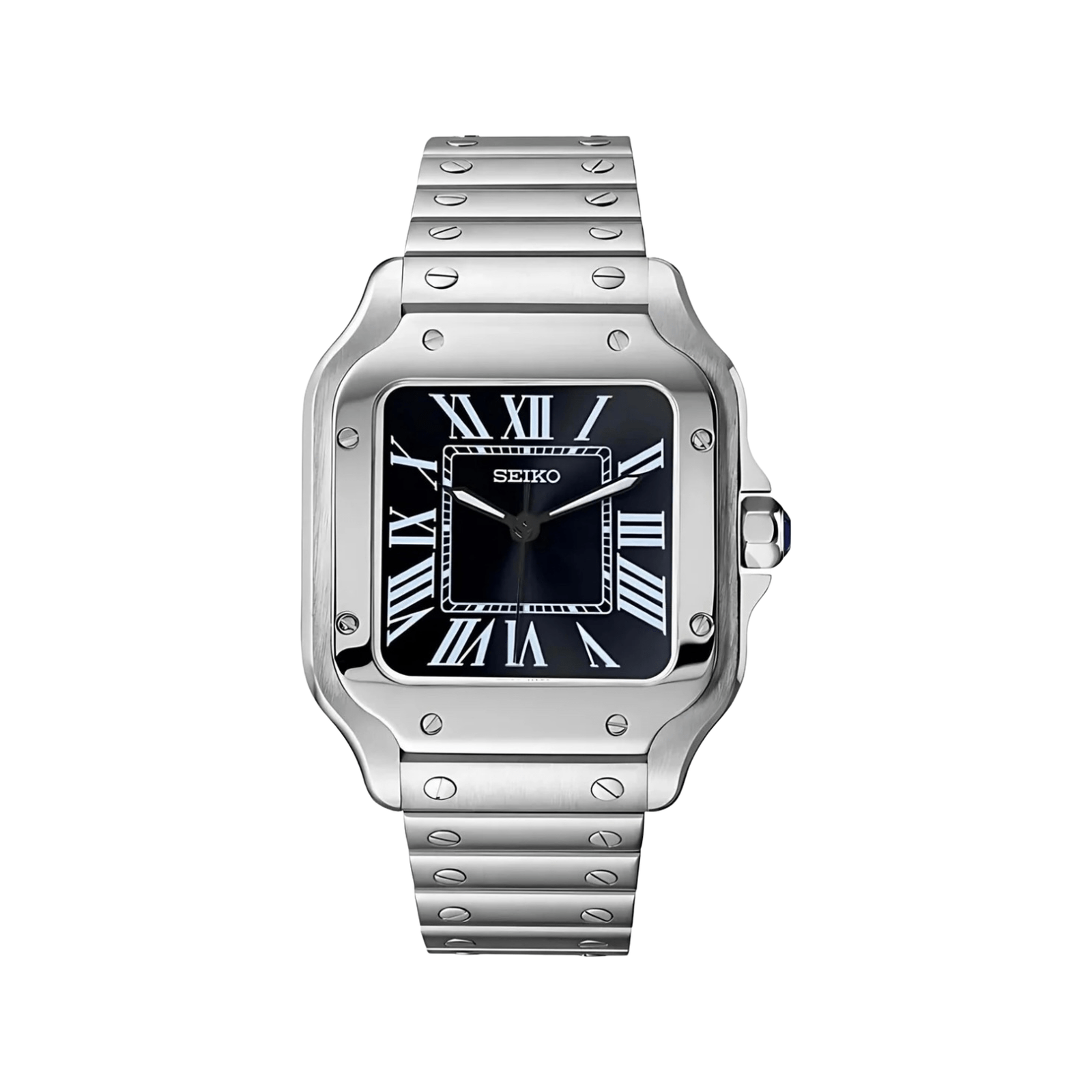 Santos (Classic Black) Seiko NH35 automatic mod watch. A black dial watch with a smooth bezel and a steel bracelet, shown in a full product shot.