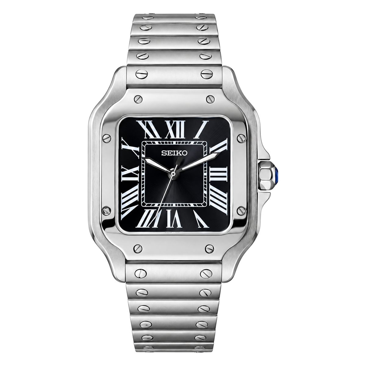 Santos (Classic Black) Seiko NH35 automatic mod watch. A black dial watch with a smooth bezel and a steel bracelet, shown in a full product shot.