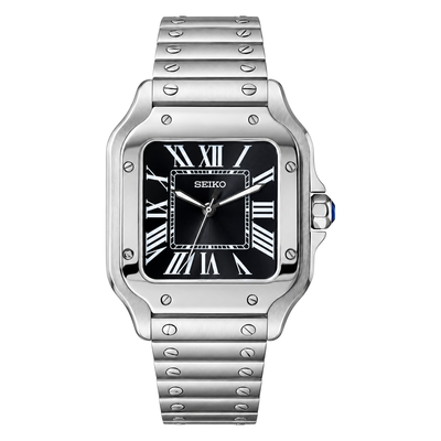 Santos (Classic Black) Seiko NH35 automatic mod watch. A black dial watch with a smooth bezel and a steel bracelet, shown in a full product shot.