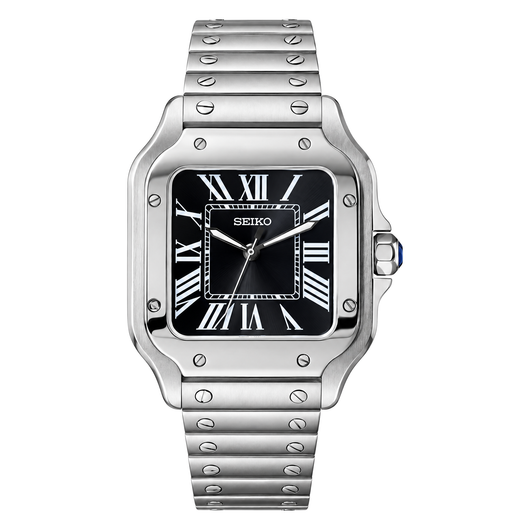 Santos (Classic Black) Seiko NH35 automatic mod watch. A black dial watch with a smooth bezel and a steel bracelet, shown in a full product shot.