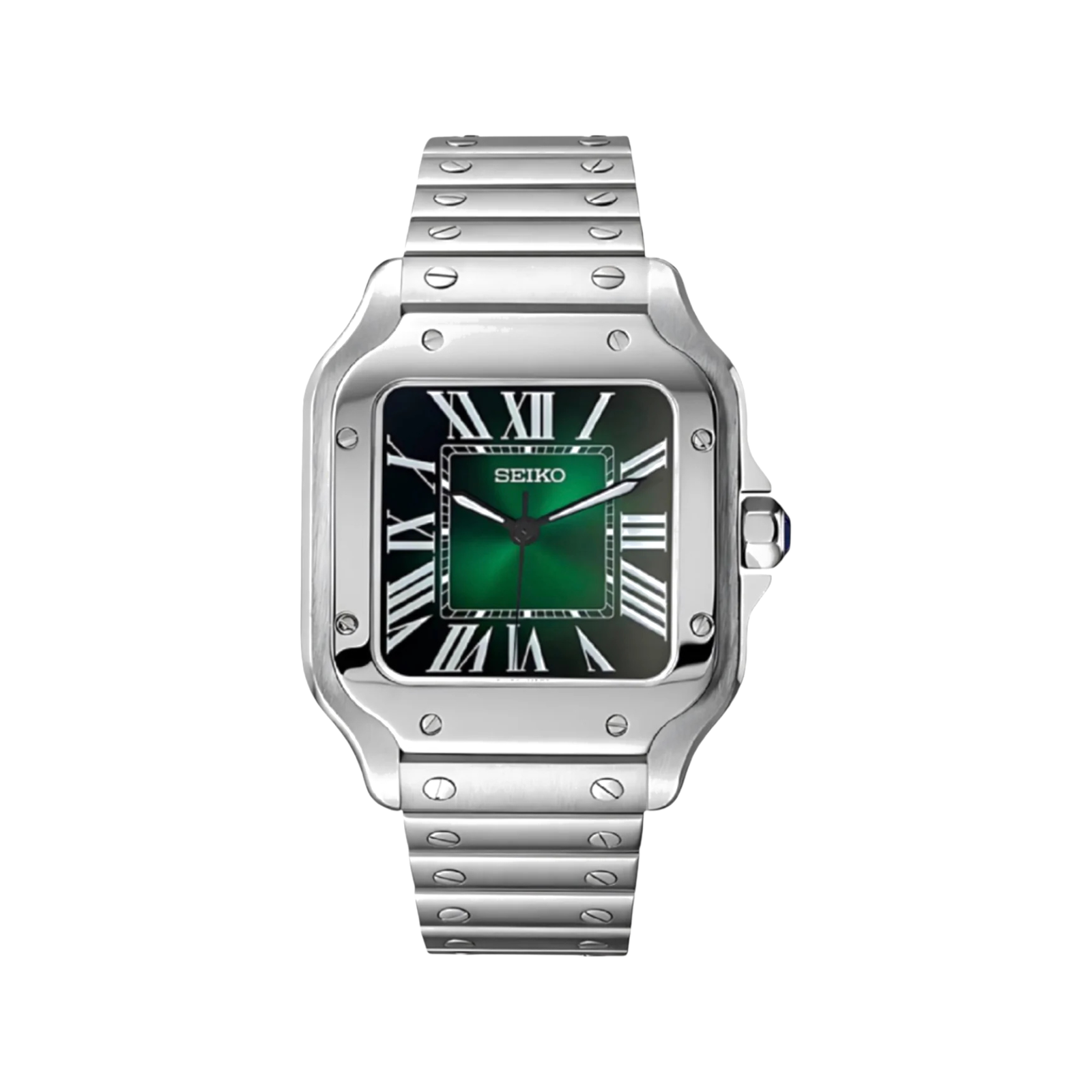 Santos (Emerald Green) Seiko NH35 automatic mod watch. A full watch shot showing a green dial and silver bezel with a metal bracelet.